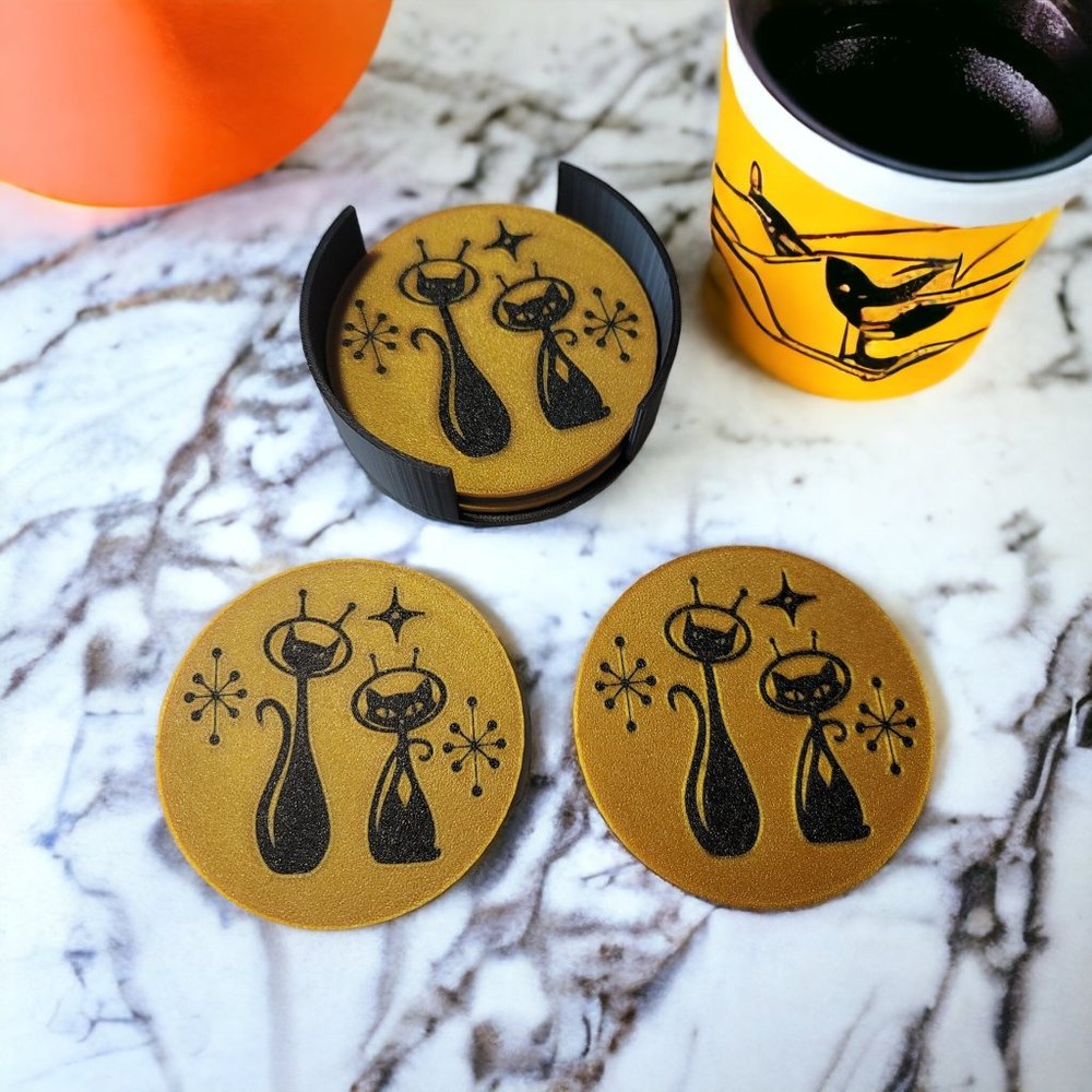 Mid Century Modern Space Age Cats Coasters For Bar Kitchen Room Retro Decor Gold